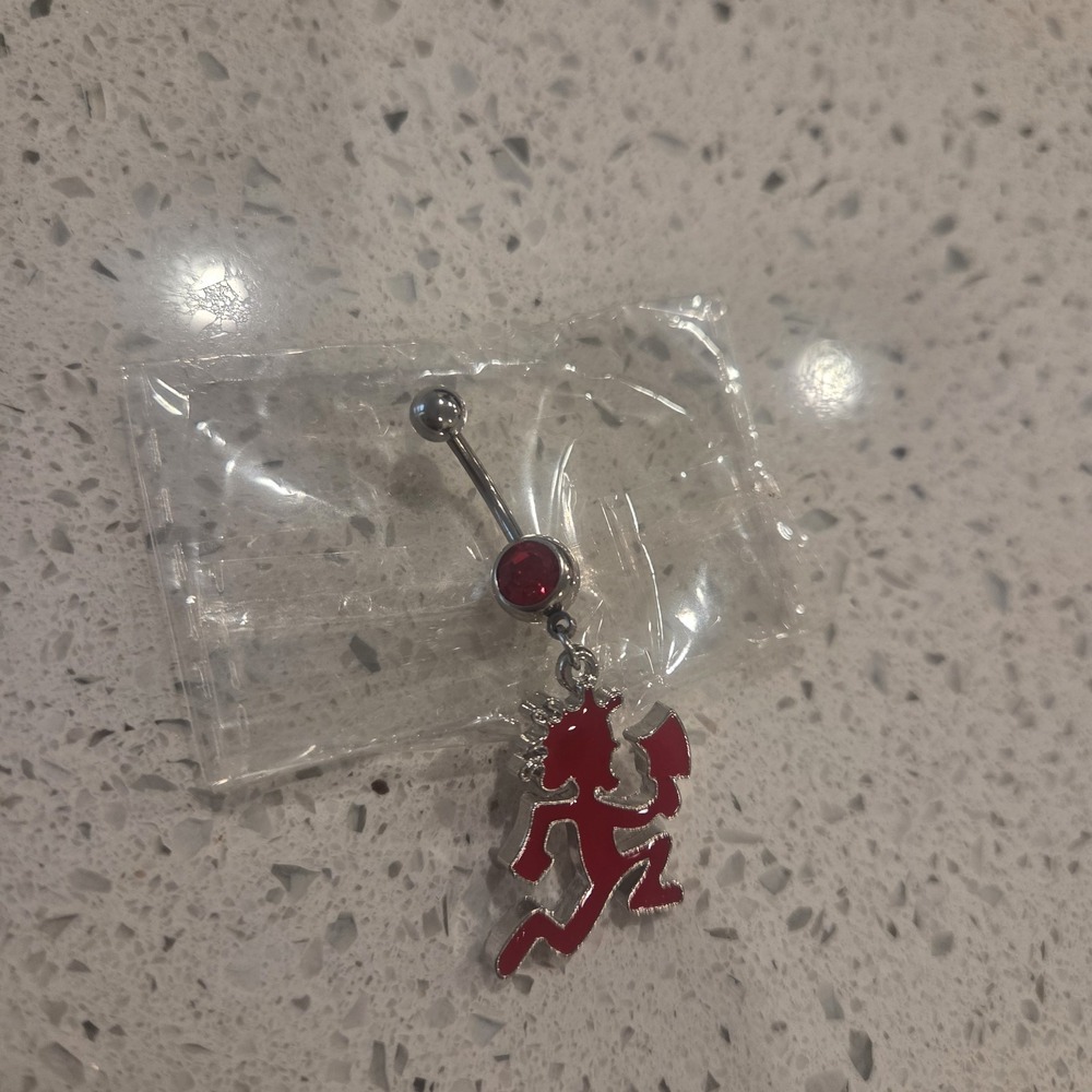 Dark Red Hatchetman Belly Button Ring With Red Gem Sparkle Icp Juggalo - Picture 2 of 3